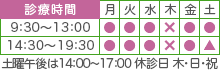 休診日:木曜・日曜・祝日 平日9:30〜13:00、14:30〜19:30 土曜9:30〜13:00、14:00〜17:00